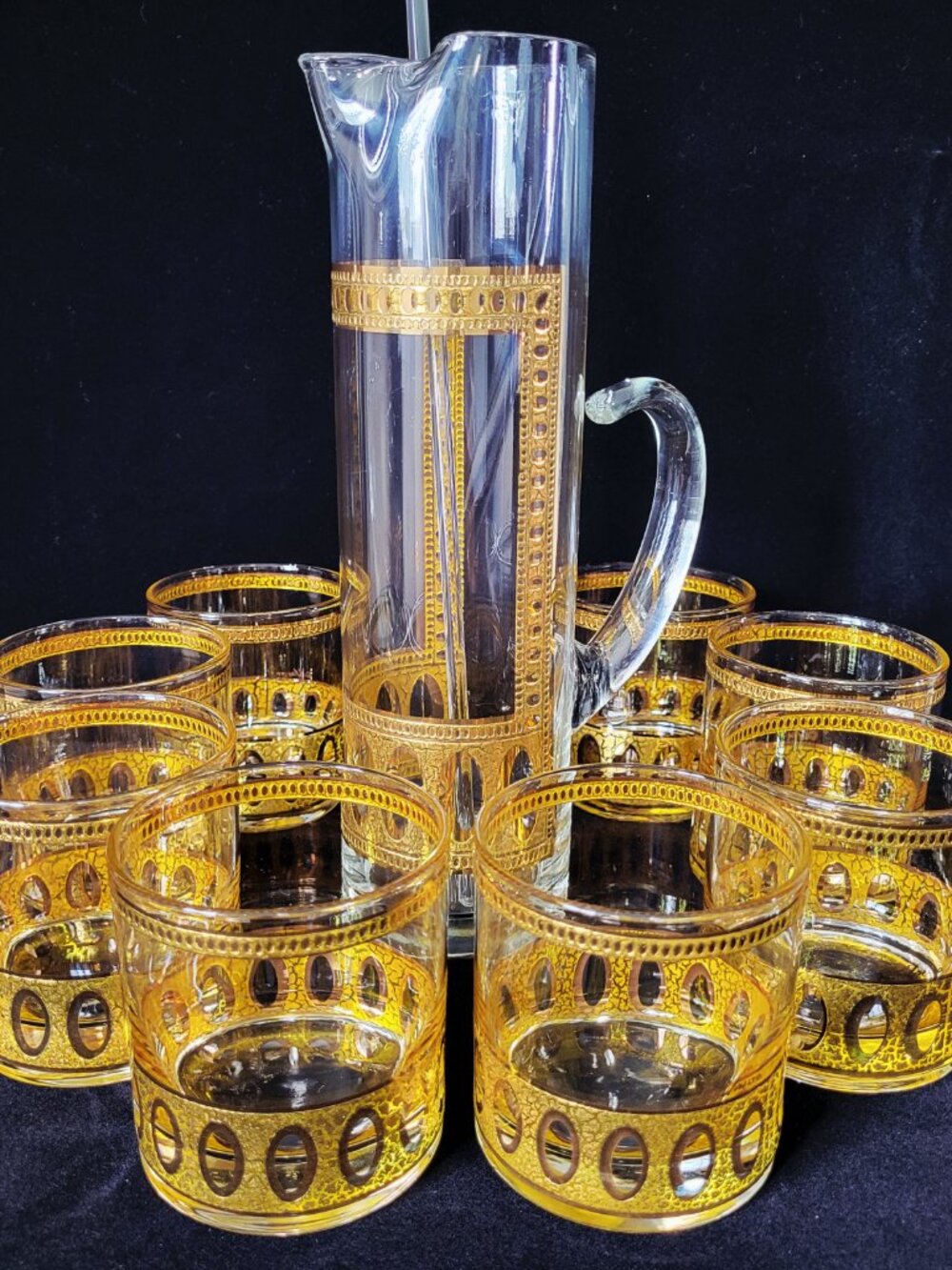CULVER~SET OF 9~VINTAGE 22K GOLD LOWBALL GLASSES PITCHER BARWARE COCKTAIL